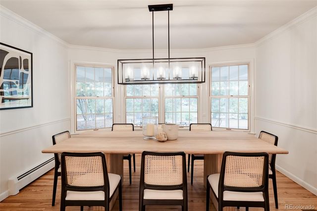 a view of a dining room with furniture window and wooden floor