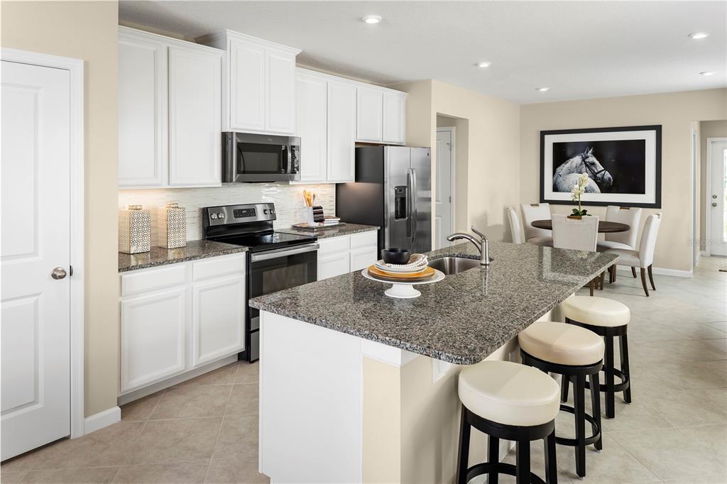 2313 Scenic Pk Loop Wimauma, FL 33598 - Photo 10 of 19 a kitchen with stainless steel appliances granite countertop a stove a microwave a sink a dining table and chairs