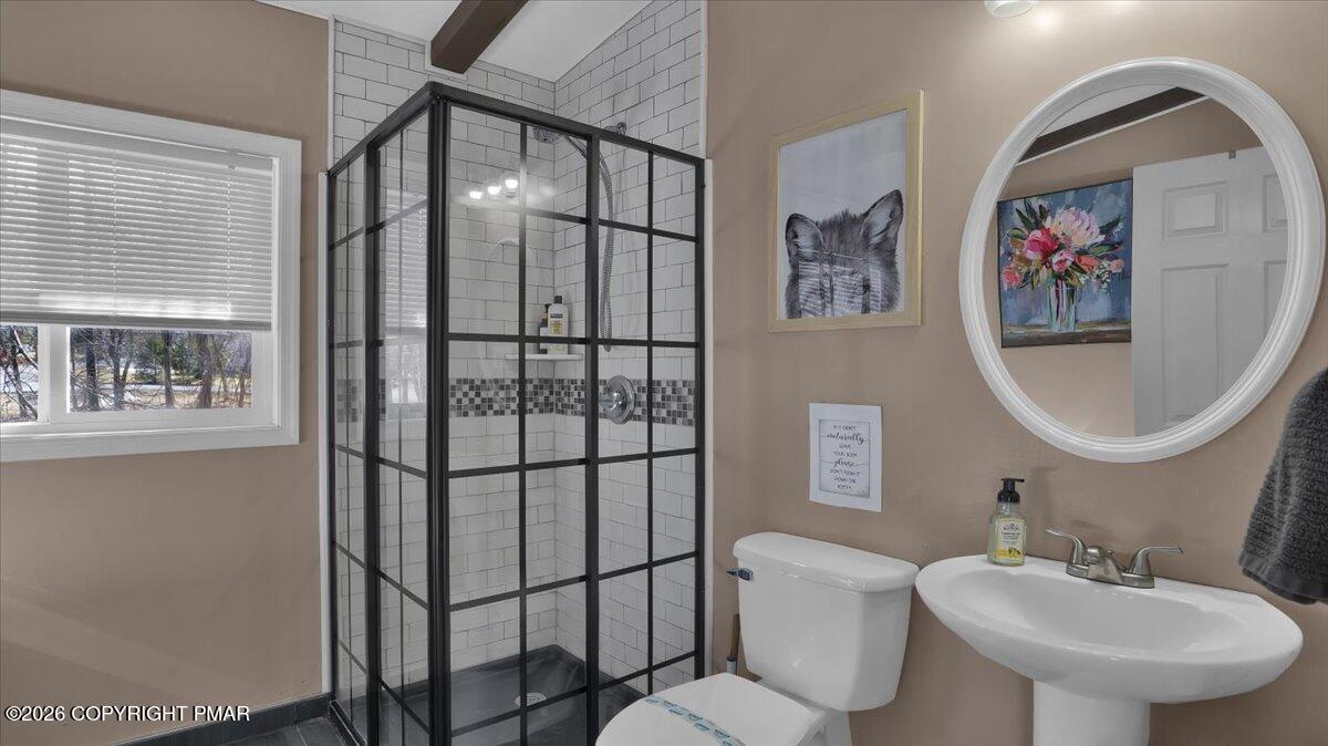 65 Highridge Road Albrightsville, PA 18210 - Photo 27 of 60 a bathroom with a sink a mirror and a shower
