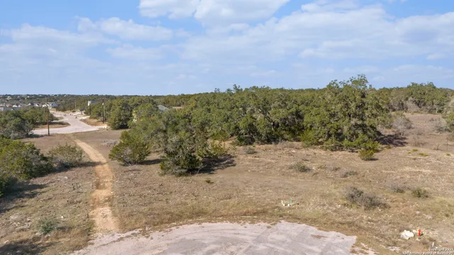 a view of a dry yard with mountains in the background