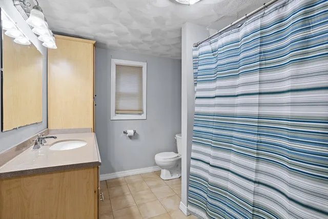 a bathroom with a sink a toilet and shower curtain