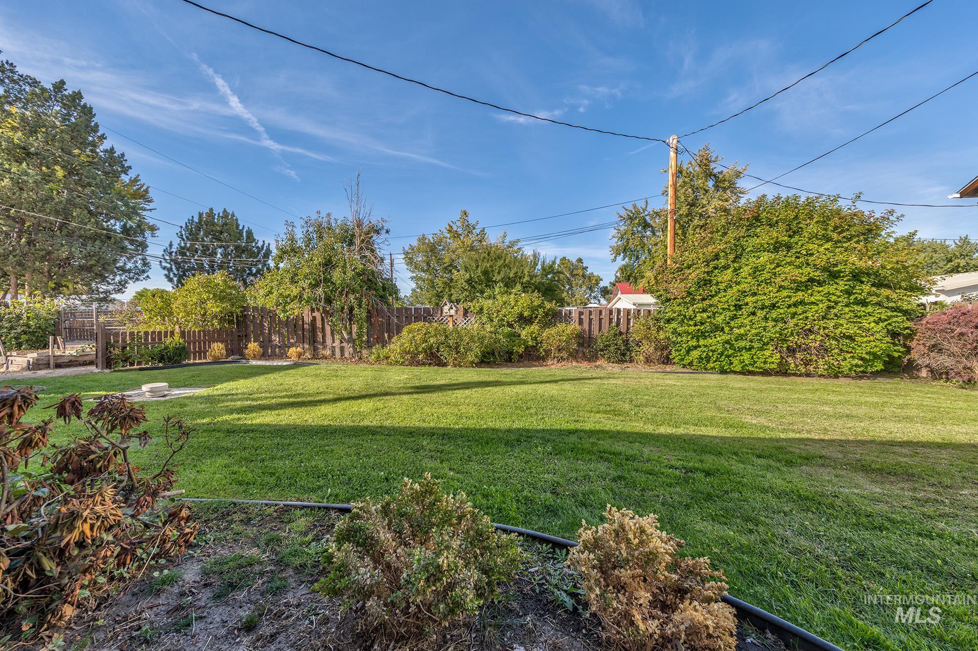 340 Pioneer Road Weiser, ID 83672 - Photo 33 of 44 Expansive backyard featuring a manicured lawn, mature trees, and a privacy fence