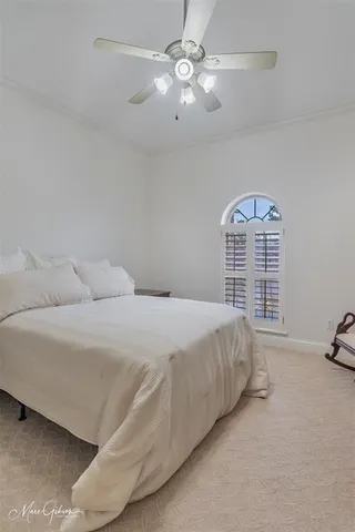 a spacious bedroom with a bed a couch and a ceiling fan