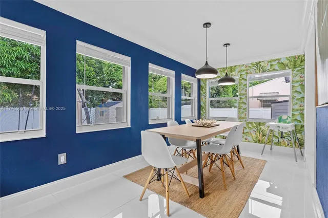 a view of a dining room with furniture window and outside view