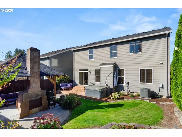 a view of a garden with patio