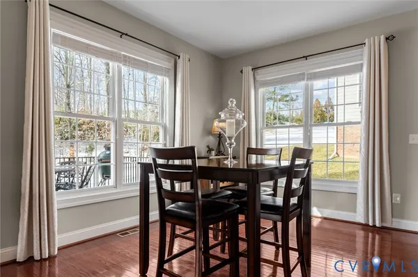 a view of a dining area with furniture and wooden floor