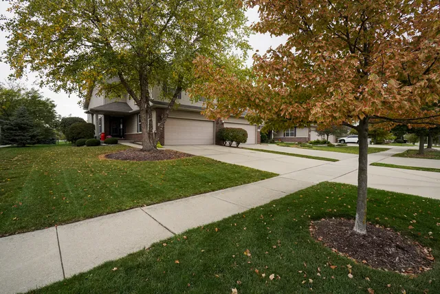 a front view of a house with a yard and tree