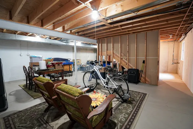 a view of a storage room with furniture