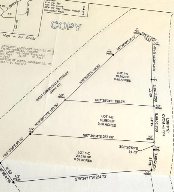 Lot 1 East Greenville Street Anderson, SC 29621 - Photo 2 of 2 This detailed plat map provides precise property lines for three distinct lots, offering clear development potential.