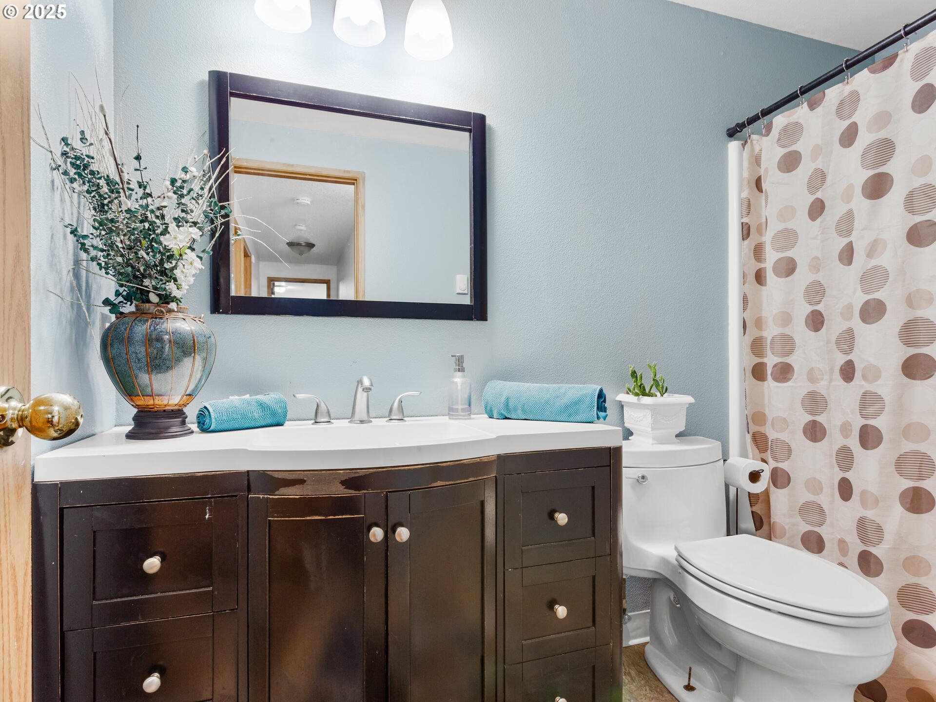 8292 Northeast Snowberry Loop Vancouver, WA 98664 - Photo 40 of 48 a bathroom with a granite countertop toilet sink and mirror