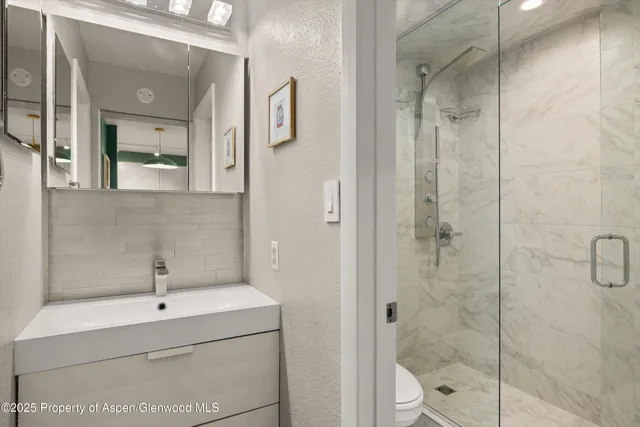 a bathroom with a shower sink and mirror