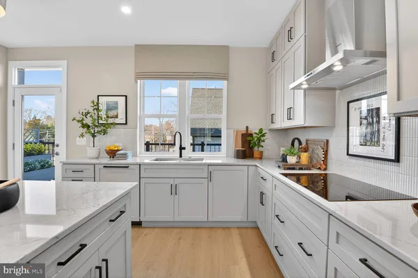 a kitchen with a potted plant on the counter and a window