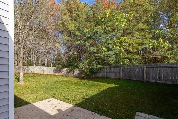 a view of a backyard with a large tree