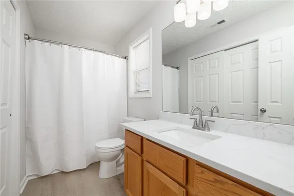 a bathroom with a sink a toilet and a large mirror