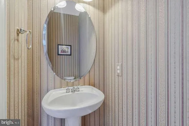 a bathroom with a sink a mirror and a shower curtain