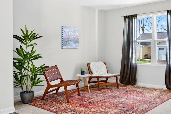 a living room with furniture and a potted plant