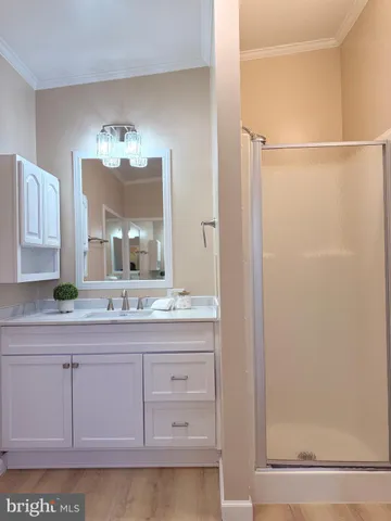 a bathroom with a granite countertop sink a mirror and a shower