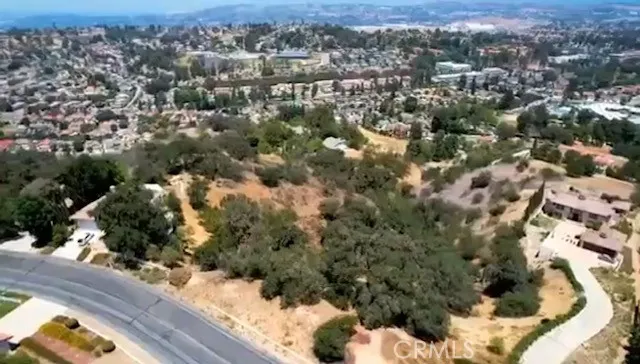 an aerial view of residential houses with city and green space