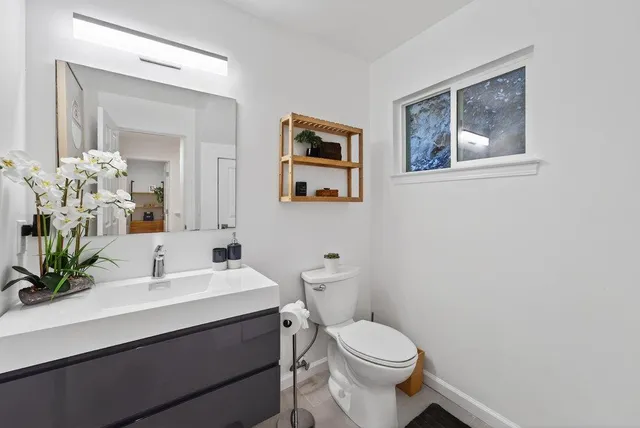 a bathroom with a toilet a sink and mirror