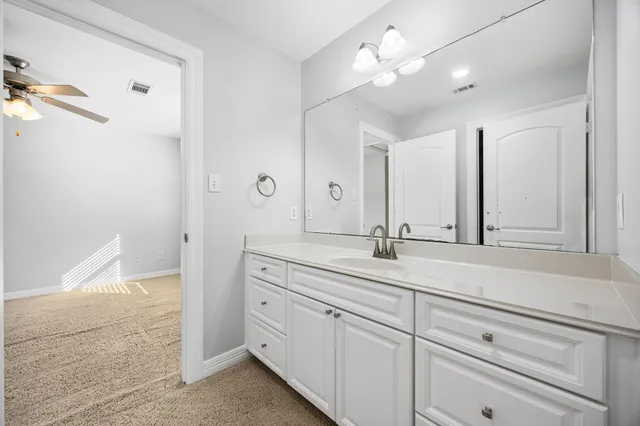 a bathroom with a double vanity sink a mirror and a shower