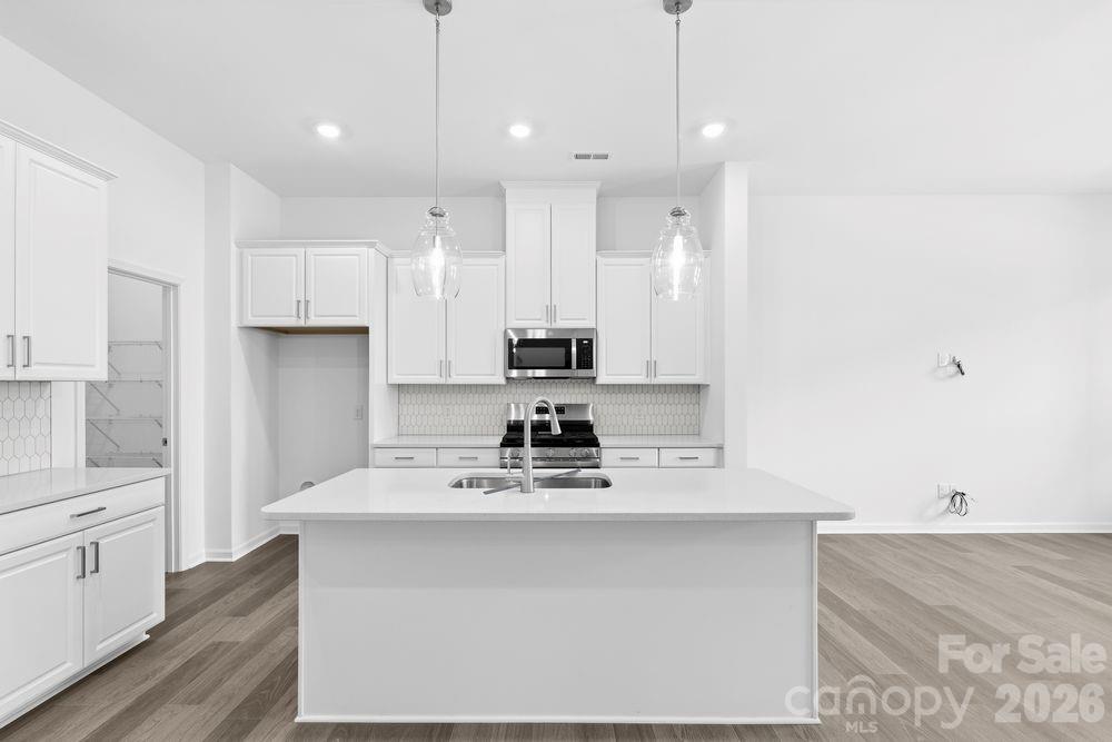 8668 Miles Gap Road Indian Land, SC 29707 - Photo 3 of 28 a kitchen with kitchen island white cabinets and stainless steel appliances