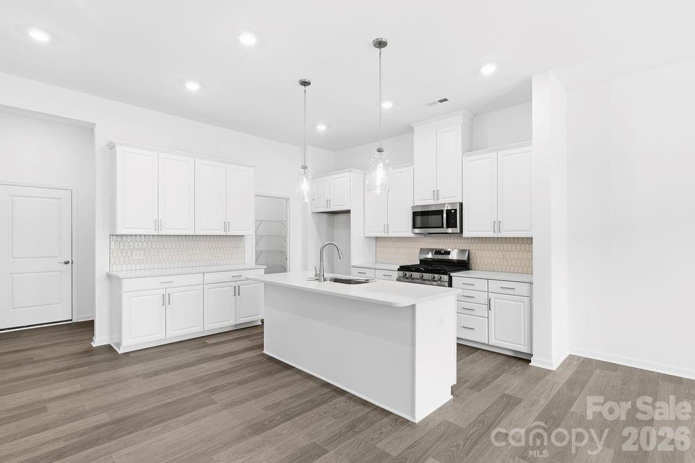 8668 Miles Gap Road Indian Land, SC 29707 - Photo 4 of 28 a kitchen with stainless steel appliances granite countertop a stove top oven a sink and white cabinets
