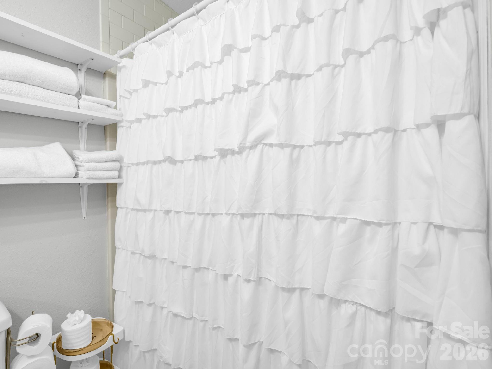 248 Bible School Road Lake Lure, NC 28746 - Photo 24 of 38 a bathroom with a white shower curtain and a toilet