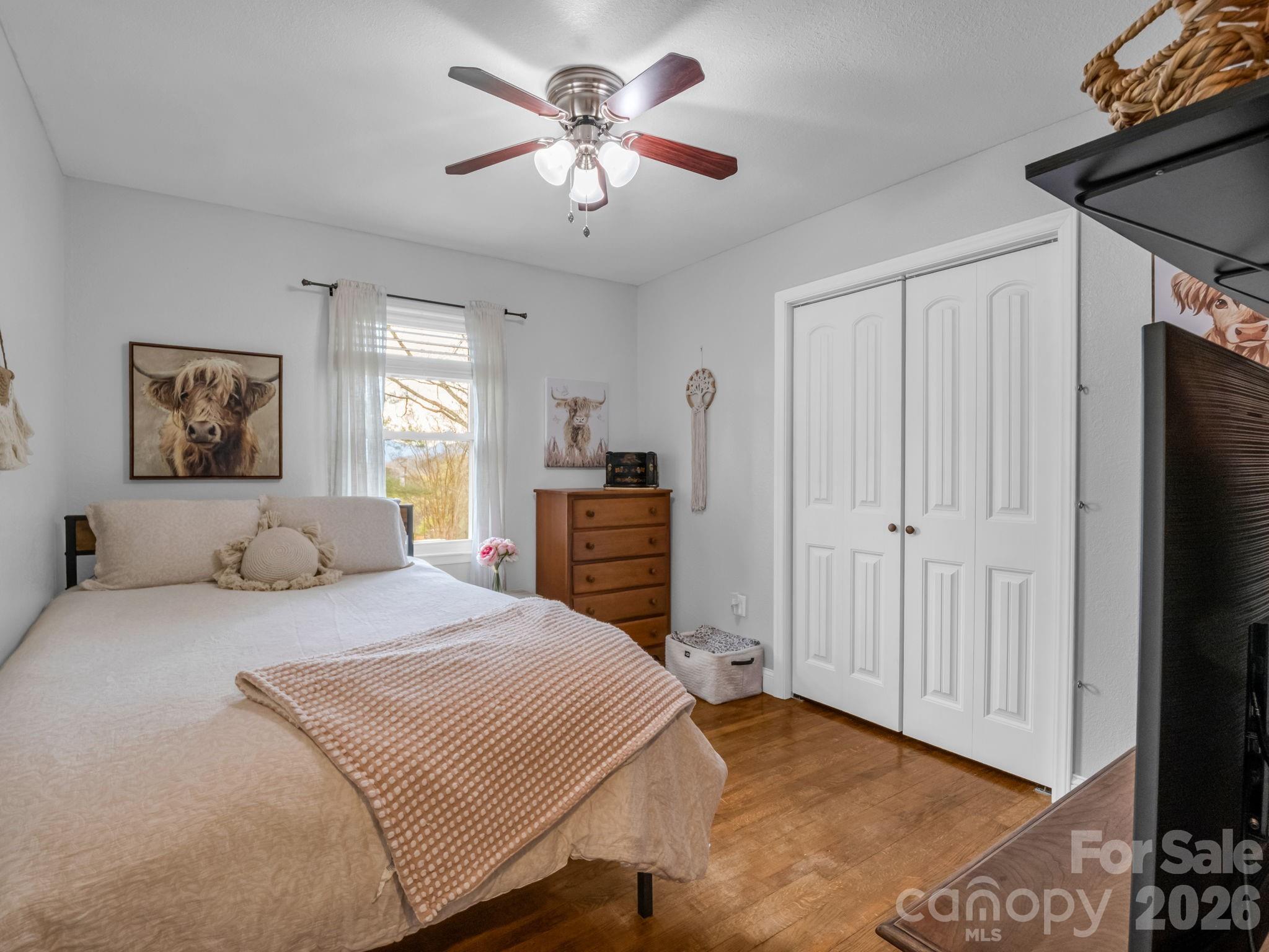 248 Bible School Road Lake Lure, NC 28746 - Photo 25 of 38 a bedroom with a large bed a chandelier and closet