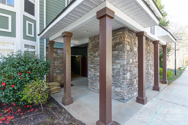 a view of a porch with plants