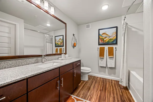 a bathroom with a sink a mirror a toilet and a shower