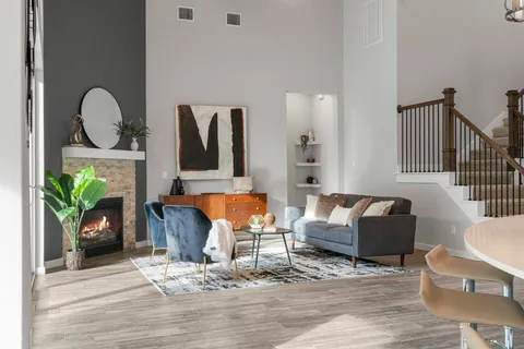 a living room with furniture a fireplace and a potted plant