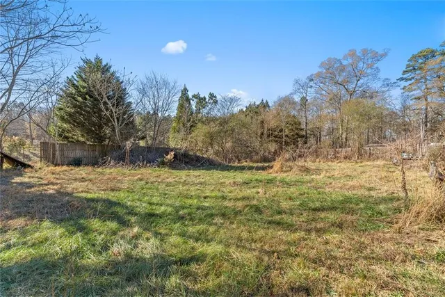 a view of a yard with trees in the background