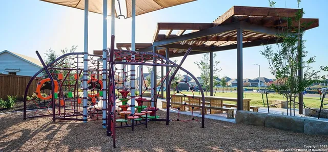 an outdoor space with seating