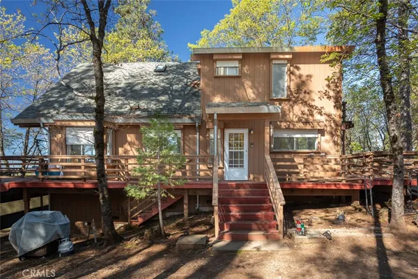 a view of backyard with a large tree