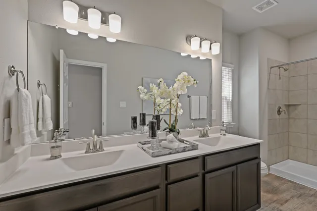 a bathroom with a sink double vanity and a mirror