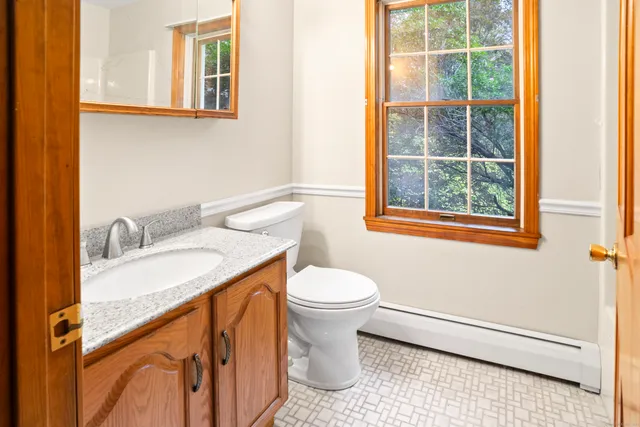 a bathroom with a sink a toilet and a mirror