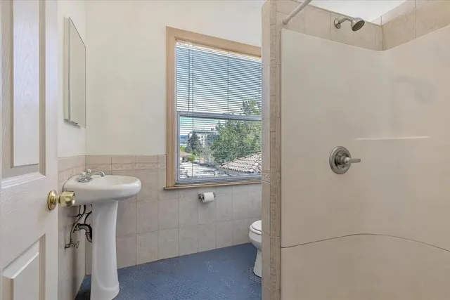 a bathroom with a sink a toilet and shower
