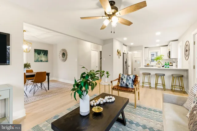 a living room with furniture potted plant and a table