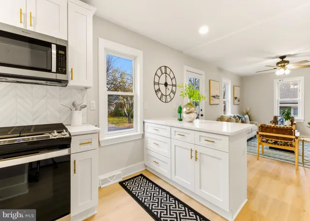 a kitchen with stainless steel appliances a stove a sink and a microwave