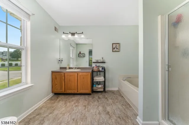 a bathroom with a tub sink and mirror