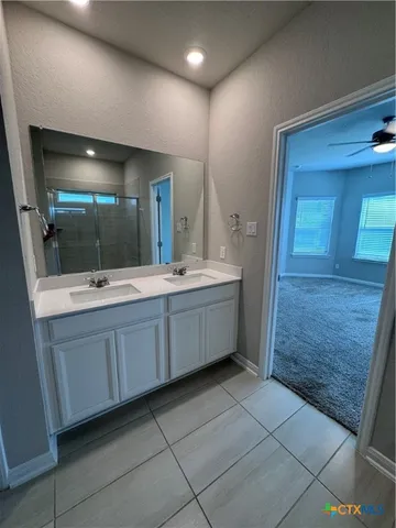 a bathroom with a double vanity sink a mirror and a shower