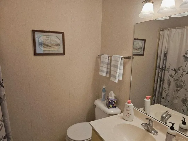 a bathroom with a sink mirror and toilet