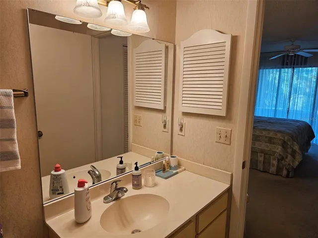 a bathroom with a sink vanity and a mirror