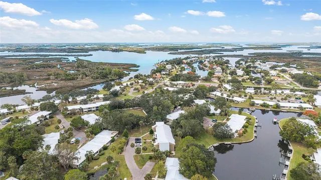 an aerial view of residential building and lake