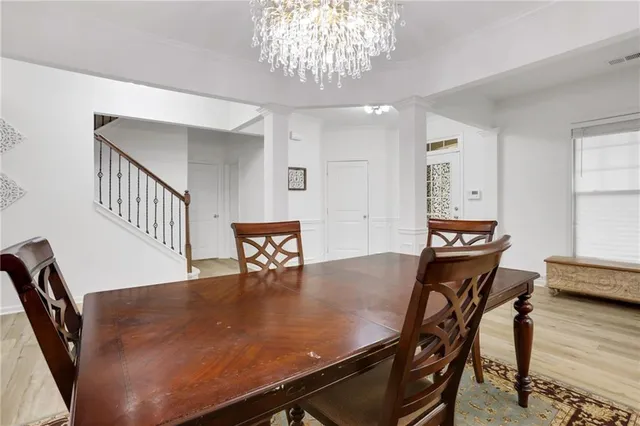 a view of a dining room with furniture