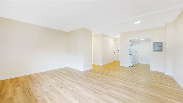a view of empty room with wooden floor