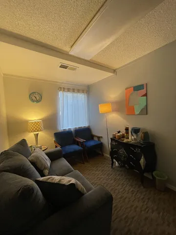 a living room with furniture and a lamp