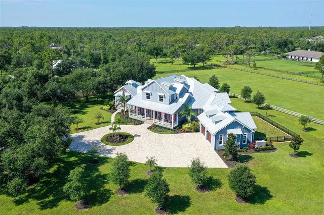 an aerial view of a house with outdoor space