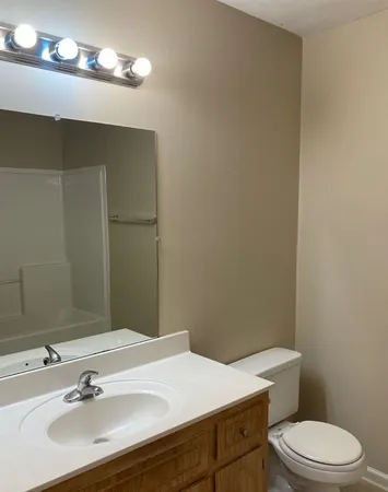 a bathroom with a sink vanity mirror and toilet