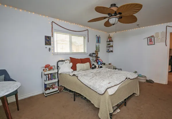 a bed room with a bed and a chandelier